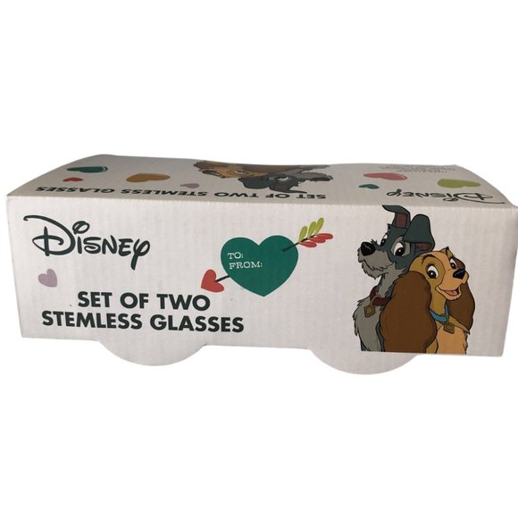 Disney Stemless Wine Glass Set Lady & The Tramp Set of 2 NEW - Picture 4 of 9